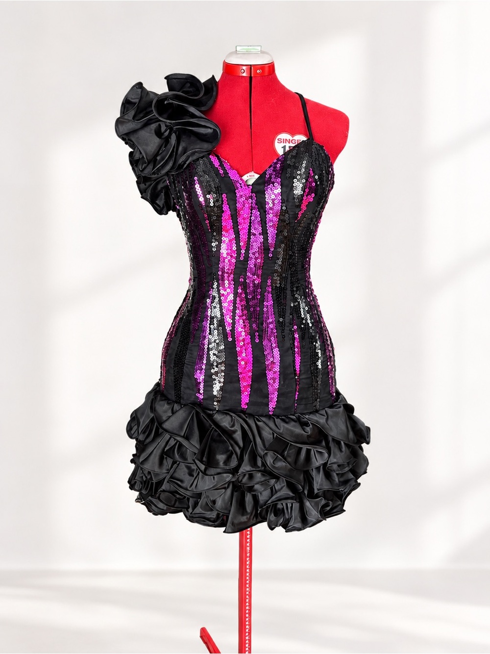 Vintage Alyce Designs Black Sequin Cocktail Party Dress Dramatic Ruffle